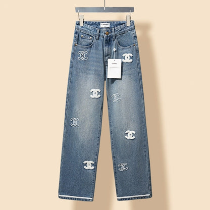 Multi-logo high waist straight jeans