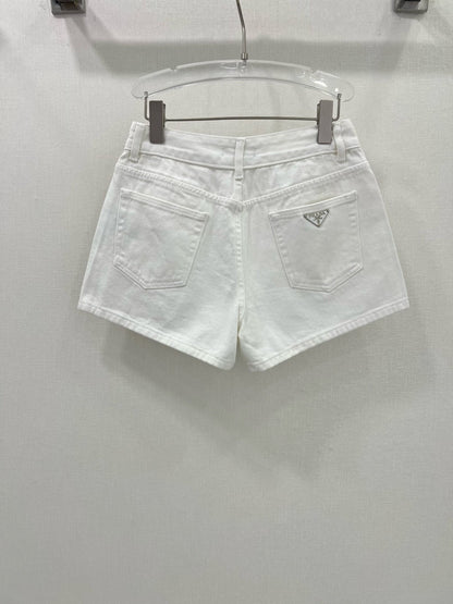 White jeans with classic triangle logo