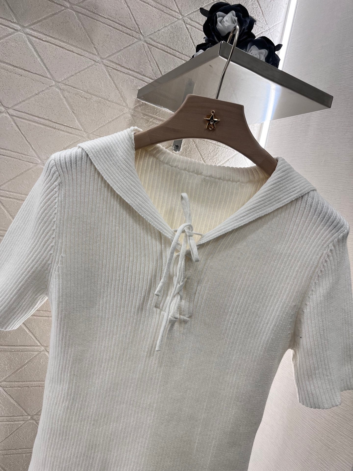 High-end temperament shawl collar knitted T-shirt