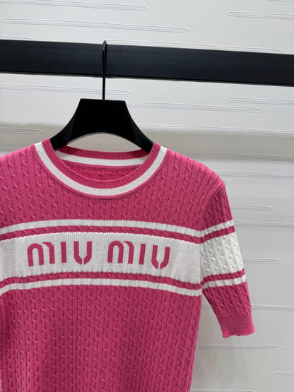 Letter jacquard striped twisted round neck knitted short sleeves