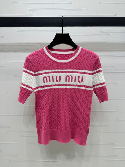 Letter jacquard striped twisted round neck knitted short sleeves