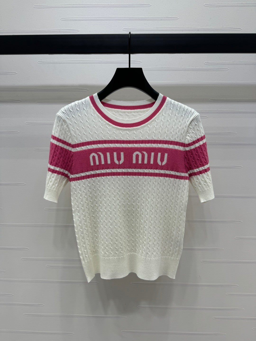 Letter jacquard striped twisted round neck knitted short sleeves