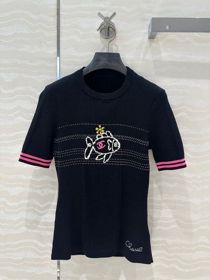 Fish pattern embroidered round neck fashionable T-shirt