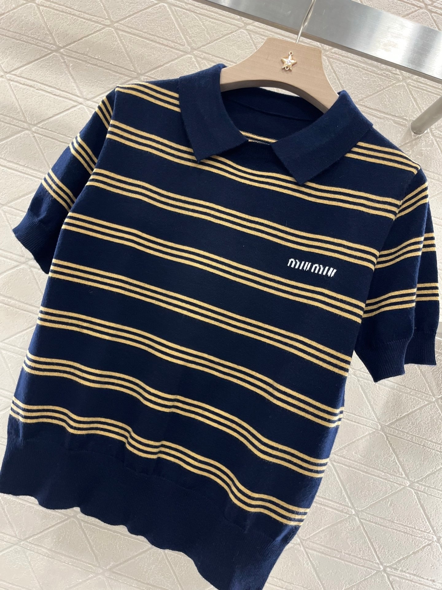 Temperament lapel striped knitted T-shirt