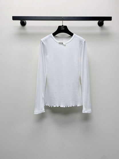 25ss new fashion round neck bowknot hollow long sleeve top