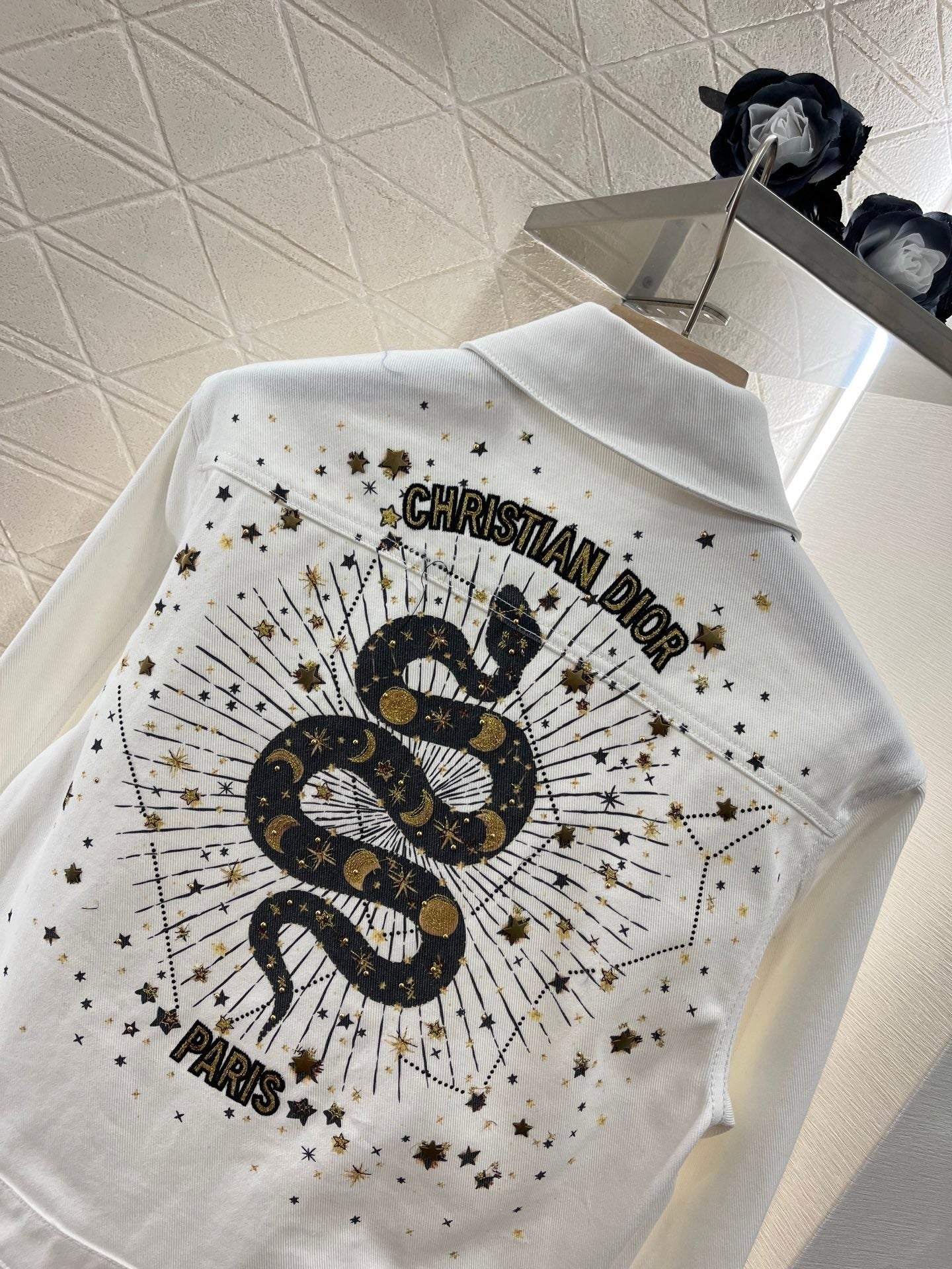 25ss new fashion gold-stamped embroidered white denim jacket