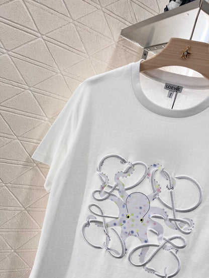 Octopus print embroidered crew neck T-shirt