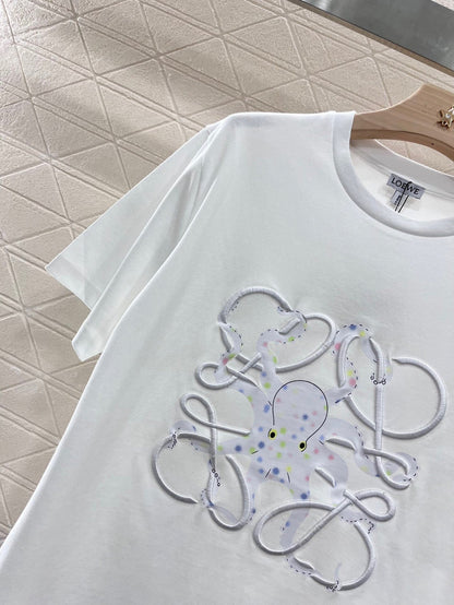 Octopus print embroidered crew neck T-shirt