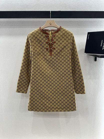 25ss new fashion jacquard hollow chain button long sleeve dress